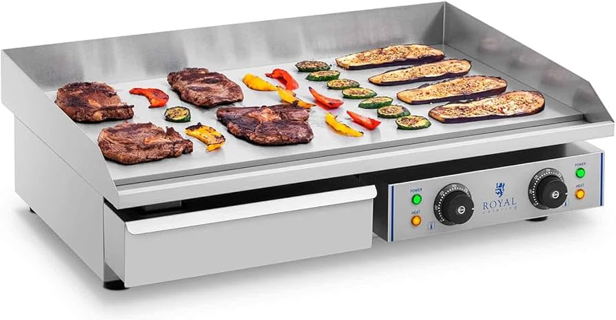 Royal Catering RCEG-75 Elektrische Grillplaat 72,5cm - 2x 2200W Gietijzeren Bakplaat - Inclusief Spatscherm 30-300°C