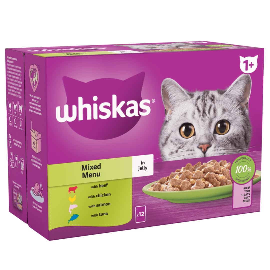 168 x 85g Whiskas 1+ Mixed Menu Adult Wet Cat Food Pouches in Jelly Jumbo Pack