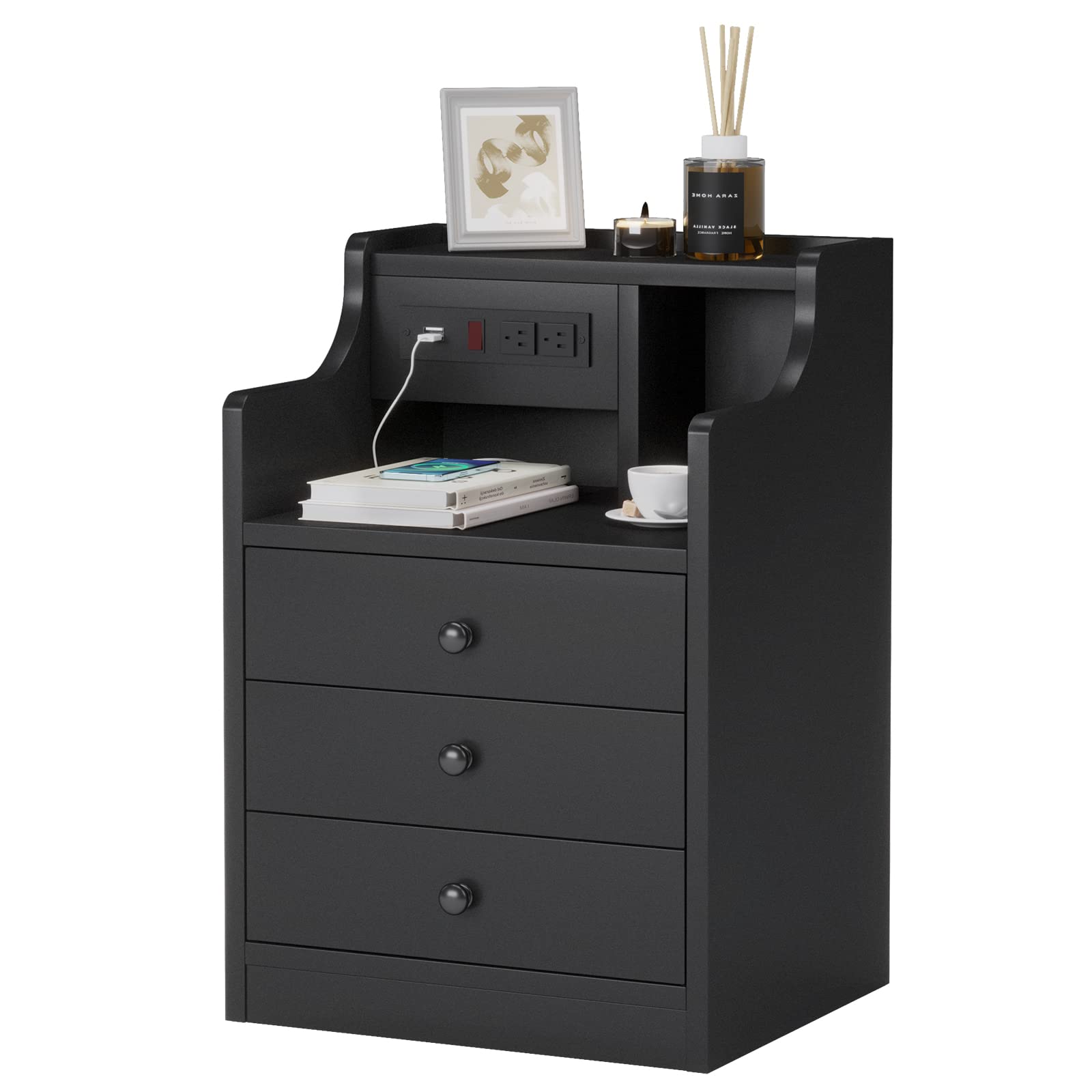 Buy Tiptiper Black Nightstand with Charging Station 3 Drawers, Wood
