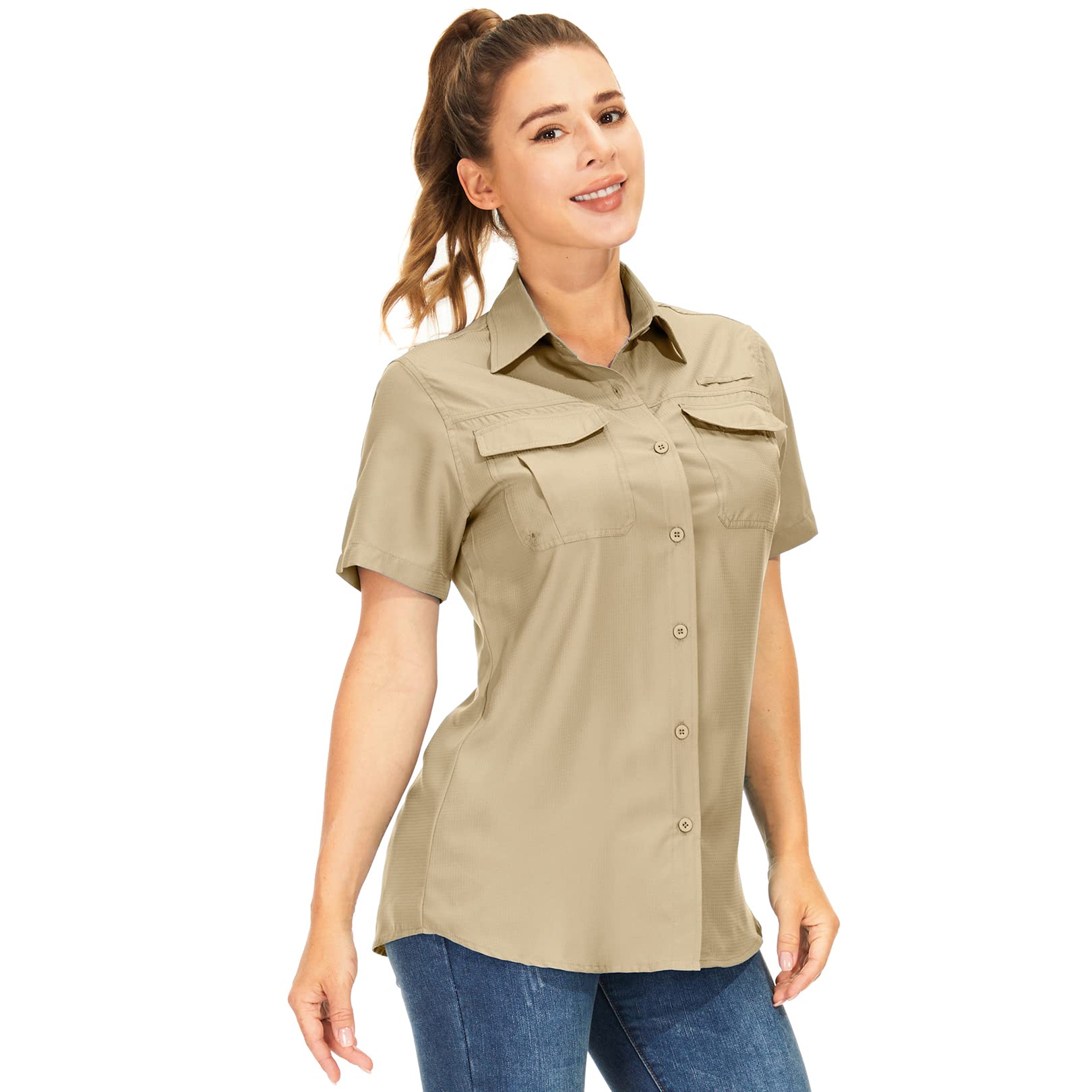 yeyity Hemdbluse Damen Kurzarm UV Schutz Wander Shirt Damen Atmungsaktiv Safari Hemd Schnelltrocknende Outdoorhemd,Sommer Tops
