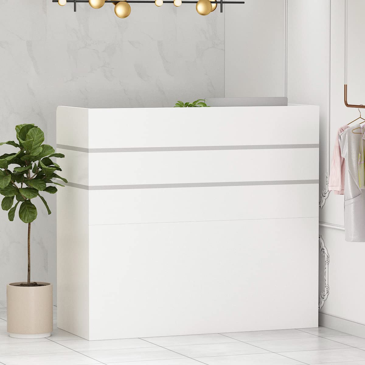 FUFU&GAGA Reception Desk with Counter, 3 Drawers & Storage Shelves, Reception Counter Table with Private Panels, for Salon Reception Room Checkout Office, White (47.3" W x 18.3" D x 43.3" H)