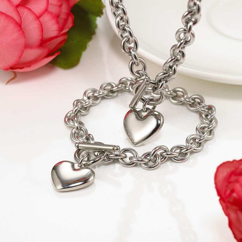 Heart Pendant Necklace and Bracelet Chain Stainless Steel Silver Drop White Jewelry Set - Image 6