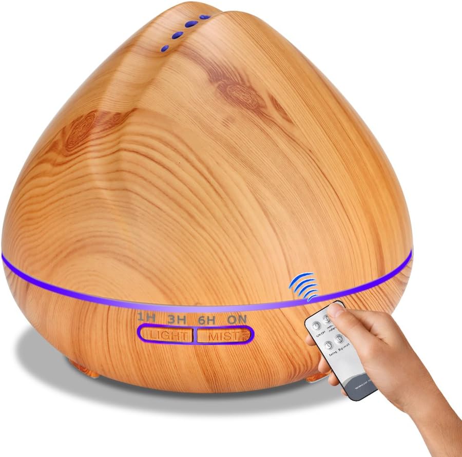 Seamei 550ML Remote Control Essential Oil Diffuser Wood Grain Aromatherapy Diffuser Ultrasonic Cool Mist Humidifier with Color LED Lights Changing Waterless Auto Shut-off Bedroom Office Home Baby