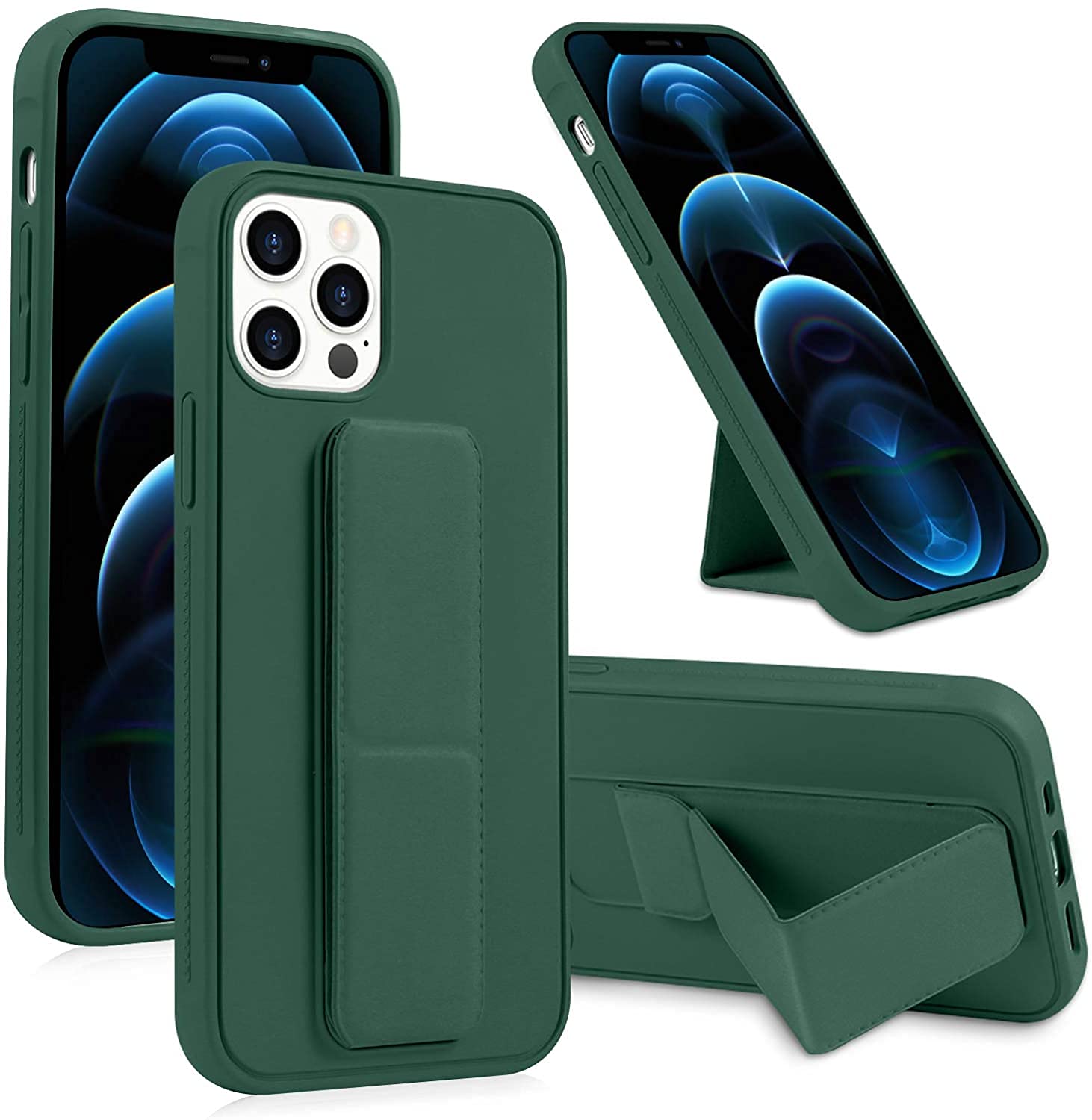 Fix fame iPhone 12 pro max Case with Magnetic Stand & Holder, Premium Silicone Vertical & Horizontal Hand Strap and Grip and Multi Stand, Car Mount Kickstand Case Finger Strap Cover (Green)