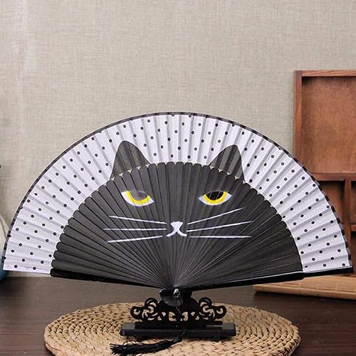Miniatura 7 de Ventilador de seda plegable de gato de dibujos animados con marcos de bambú y elegante borla para bailar, cosplay, boda, fiesta, decoración