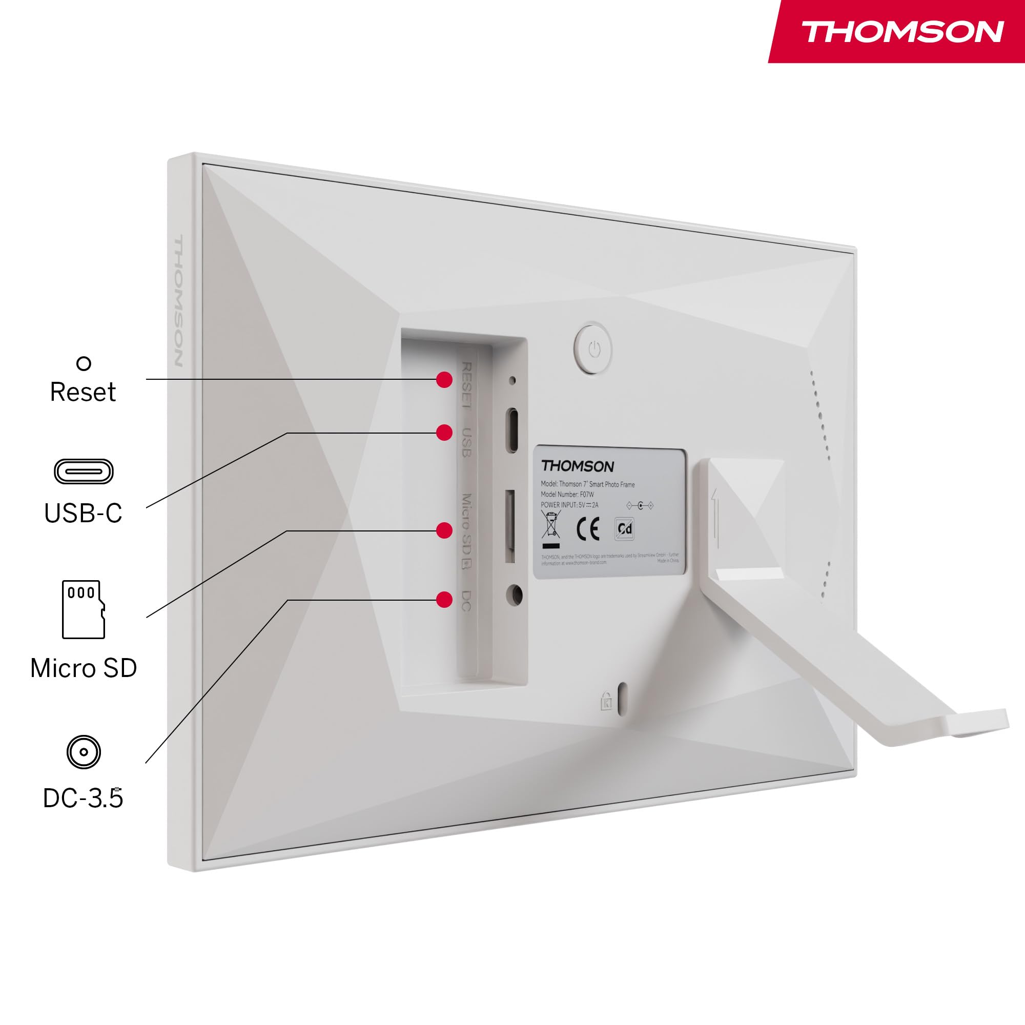 Thomson Cornice Digitale 7 Pollici, Schermo IPS, Touchscreen HD, Condivisione Diretta tramite App, Funzioni Smart, Cornice Fotografica Elettronica con 32 GB di Memoria, Rotazione Automatica, Bianca