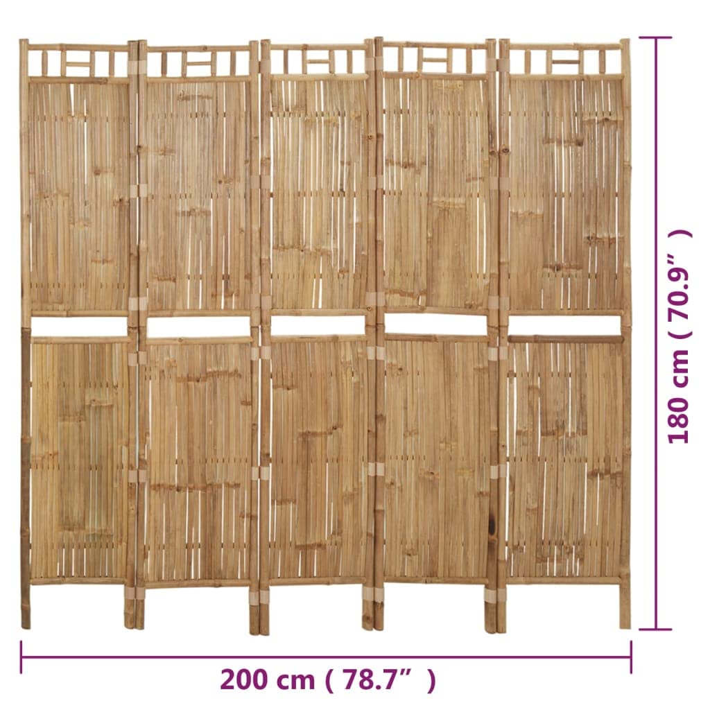 Separador decorativo para vestuarios, 5 piezas, bambú, 200 x 180 cm
