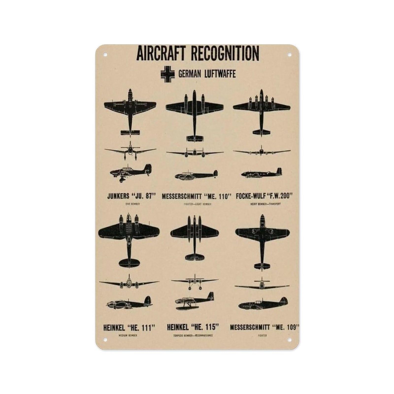 Peiyeety As Pic Metal Tin Sign 12 X 8 Inch - Ww2 Luftwaffe Aircraft - Poster Metal Plaque, Inspirational Decorative Signage For Classroom Or Home