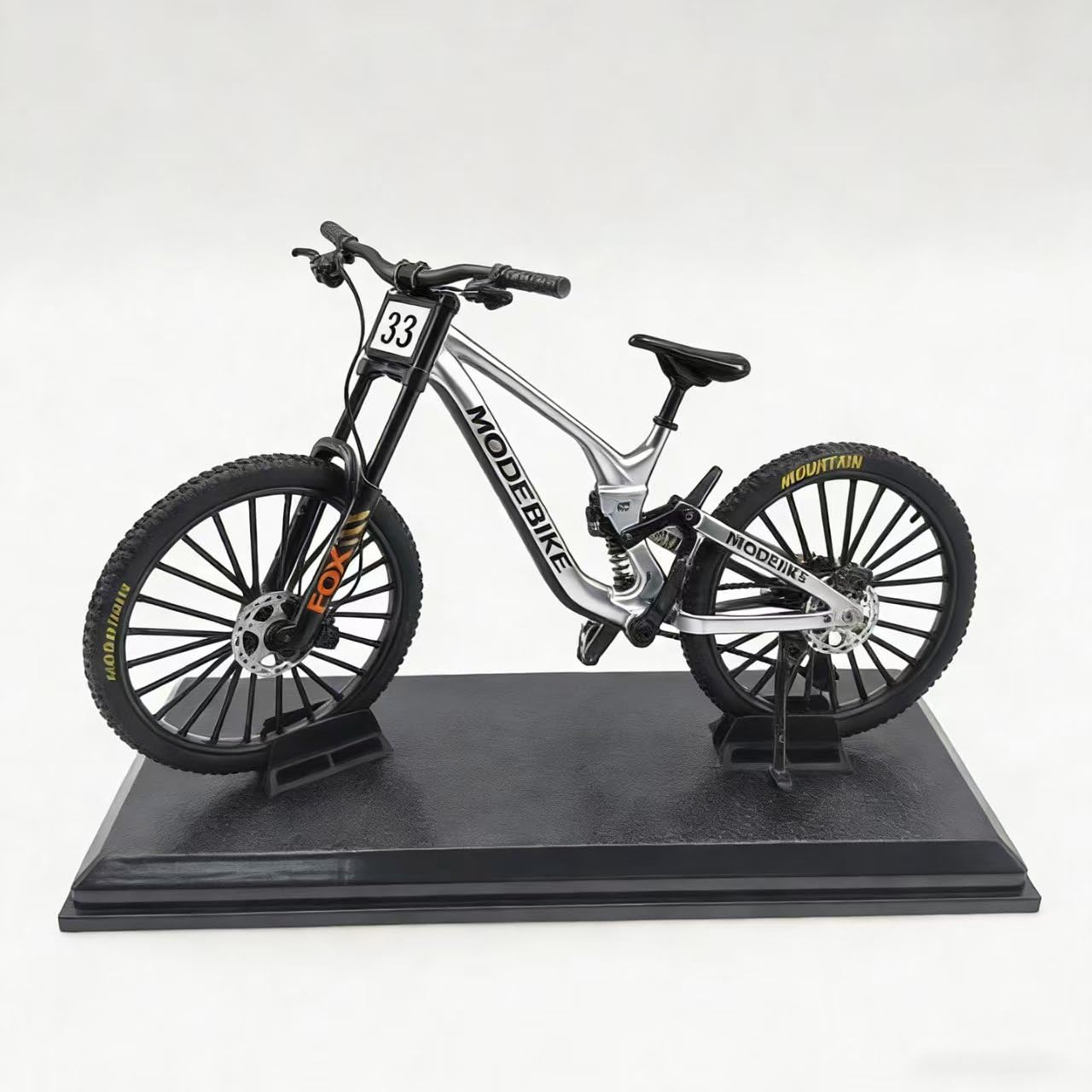 Bicicleta de montaña de metal 1:10 miniatura de colección con suspensión para decoración 8