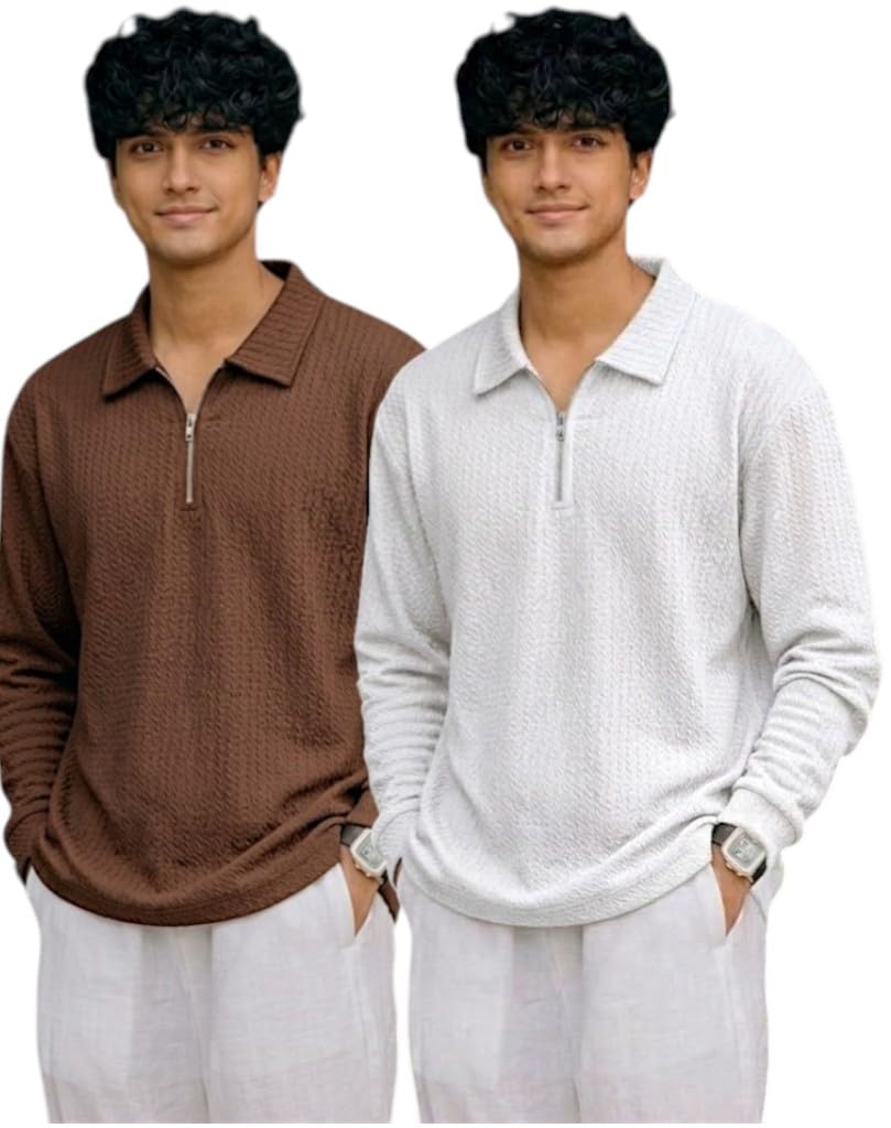 adixus Men's Long Sleeve Quarter Zip Polo T-Shirt, Textured Casual Style, Brown, Beige, White-picture-18