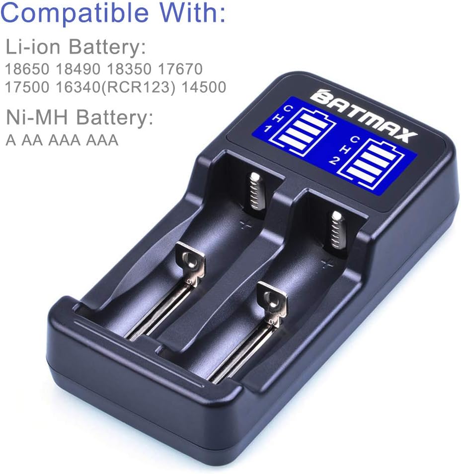 Batmax LCD Universal Intelligent USB Dual Battery Charger for Li-ion/Ni-MH/Ni-Cd 18490 18350 17670 17500 16340(RCR123) 14500 A AA AAA AAAA Rechargeable Batteries