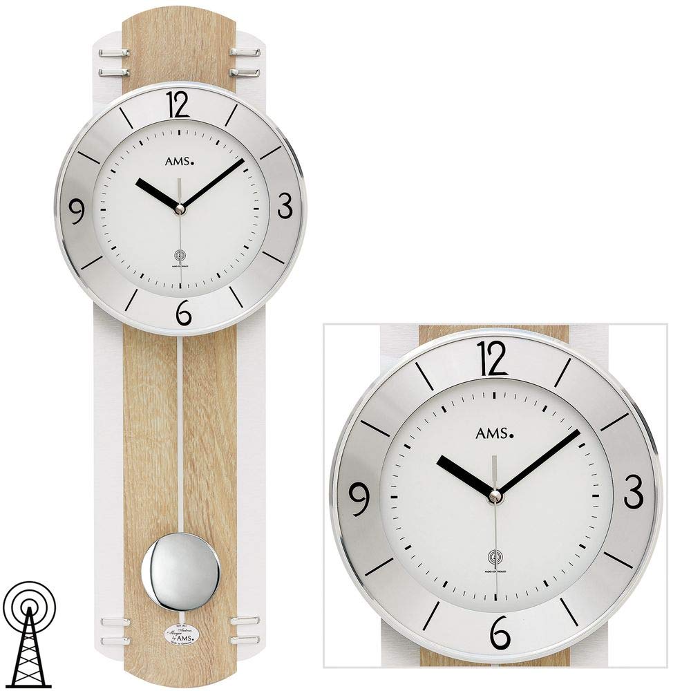 AMS 5291 Wanduhr Funk Funkwanduhr mit Pendel Pendeluhr Holz Sonoma Optik