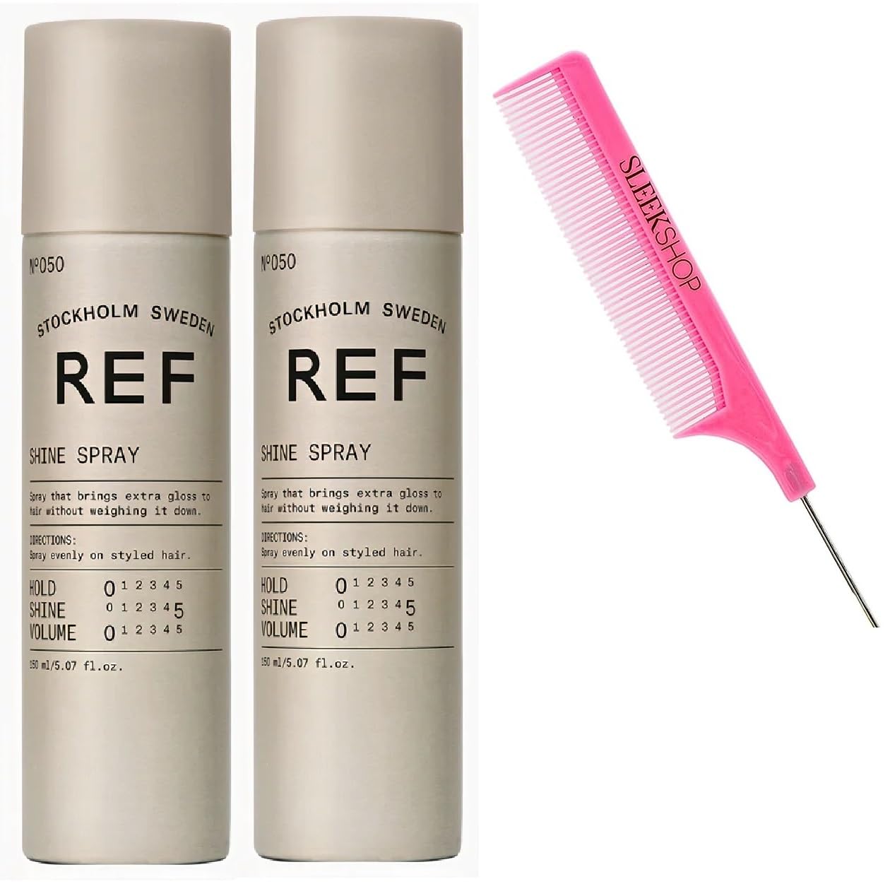 Comb + Reference of Sweden R.E.F. Stockholm 050 SHINE SPRAY, Extra Gloss Hairspray for Shiny Hair (PACK OF 2) (w/PINK Argan-Infused Rat Tail Comb) (Shine Spray (5.07 oz) - PACK OF 2)