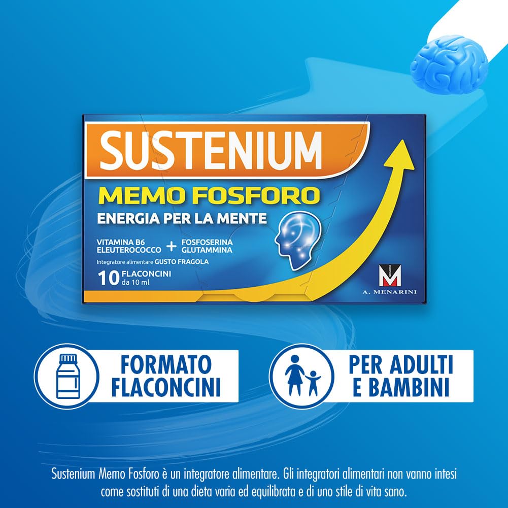 Sustenium Memo Fosforo - Integratore alimentare a base di Fosfoserina, Glutammina, Vitamina B6 ed Eleuterococco. Aroma di fragola. Confezione da 20 flaconcini (10ml)