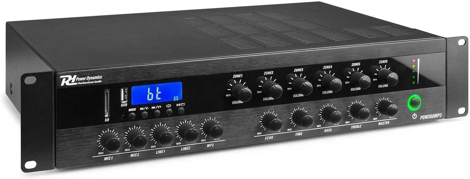 Power Dynamics PDW360MP3 PA Mixer Amplifier with Bluetooth – 6-Zone Multi Zone Amplifier, 360W 100V Line Commercial Amplifier System, USB, SD, FM Radio, Rack Mount (2U)