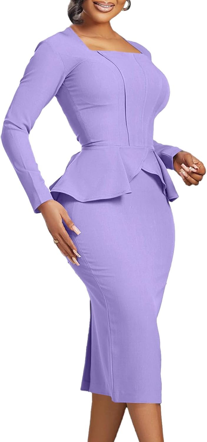 LAJIOJIO Women's Wear to Work Dresses Long Sleeve Ruffle Bodycon Slit Business Office Pencil Dress