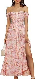 2025 Women's Summer Floral Print Flowy A Line Maxi Dresses Sleeveless Smocked Off Shoulder Dress - Buy now
