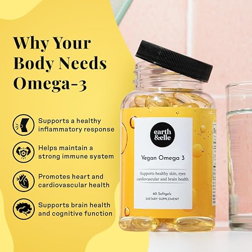 Miniatura 4 de Earth & Elle Suplemento de algas Omega 3 - Omega 3 vegano - Suplemento vegano Omega 3 con aceite de algas y DHA vegano - Ayuda a apoyar la salud del