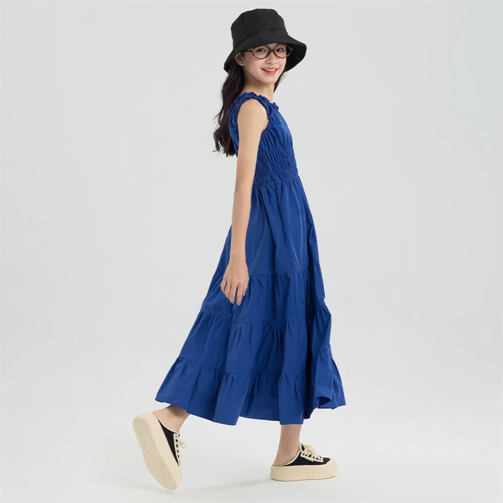 Vestido de verano para niña, sin mangas, cuello redondo, con volantes, vestido largo de línea A, vestido de playa, elegante, vestido de princesa, vestido informal para niños
