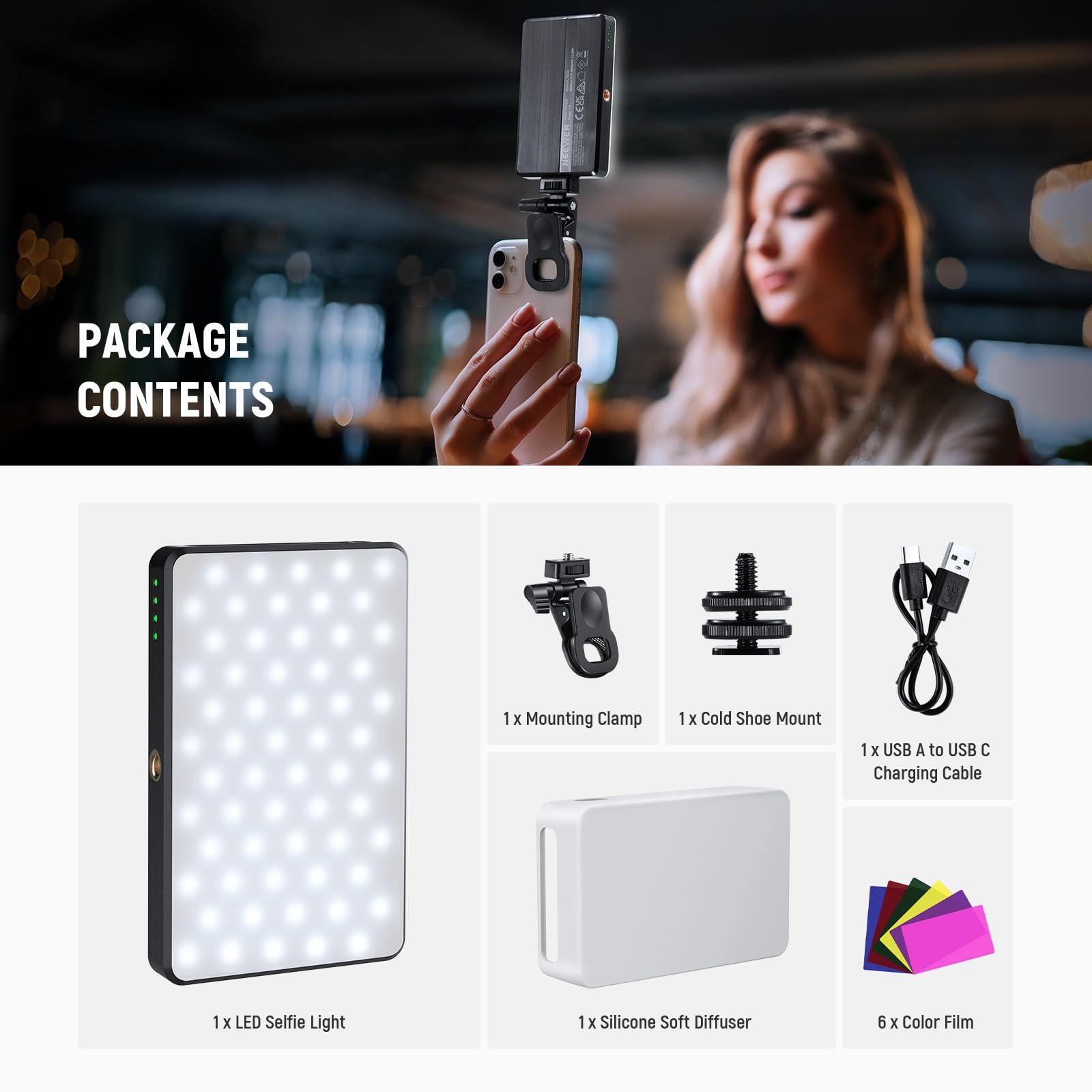 NEEWER BASICS Lampa do selfie LED do telefonu, ładowalna lampa fotograficzna 2500-9000K, kolorowe filmy, dyfuzor/3000mAh, CRI95+ regulowane oświetlenie wideo Visio do aparatu iPhone Zoom połączenia