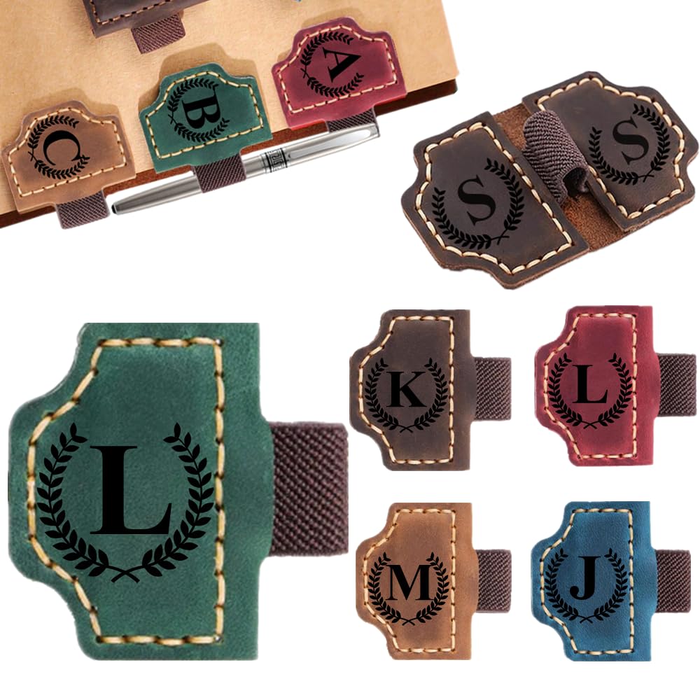 Custom Bookmark with Pen Holder with 26 Letters Personalized Magnetic Leather Book Mark, Customized Name Book Marker Clip with Initial for Men Women, Gifts for Book Lovers, Readers, (Pink, F)