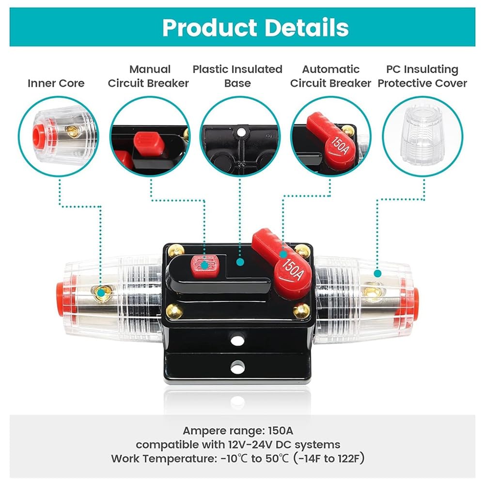 Interruttore Protezione Circuito Audio Auto Interruttore Automatico Impermeabile 150A, 12-48V DC, Con Ripristino Manuale, Per Auto, Barche, Audio Interruttore Automatico Per Auto