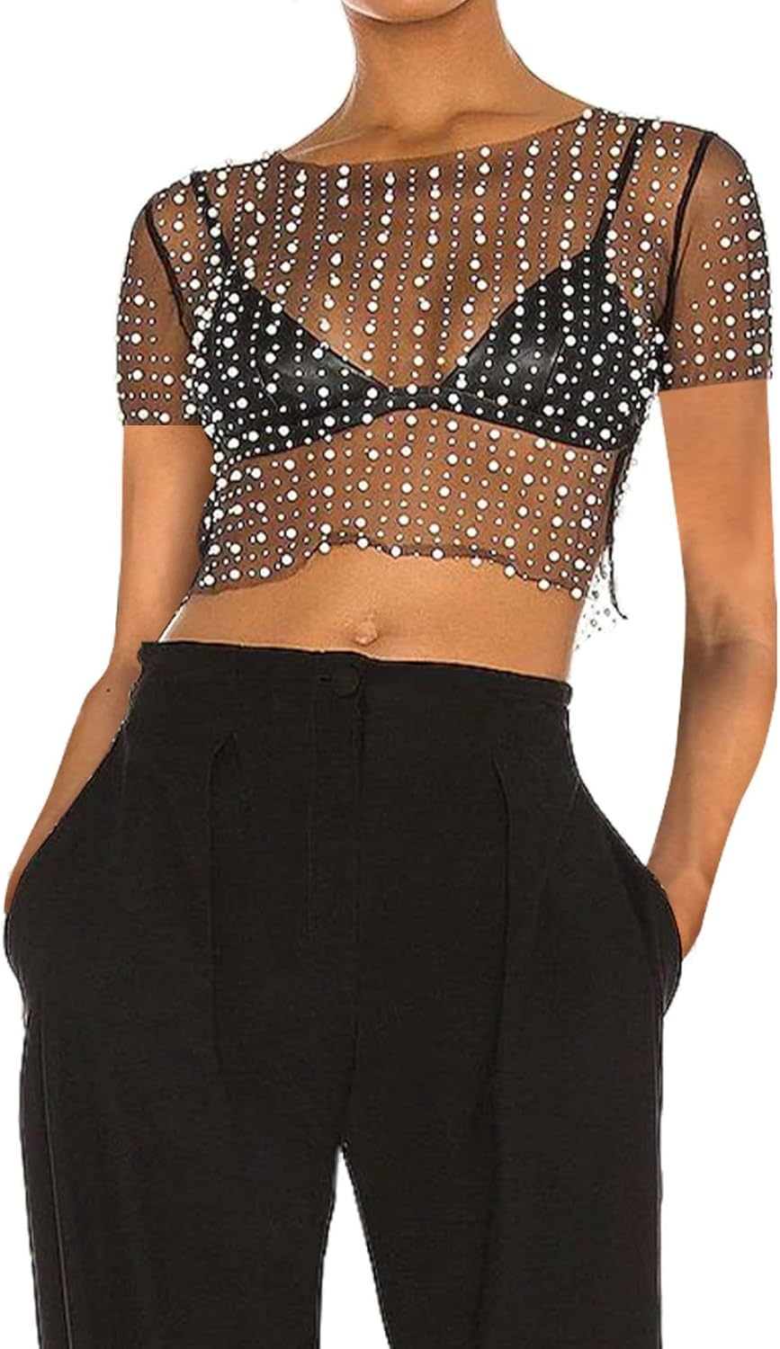 Women Pearl Rhinestone Sheer Mesh Crop Tee Top Sexy See Through Short Sleeve Slim Fit Crop T-Shirt Club Summer - Image 2