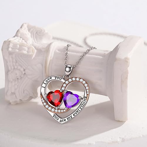 Miniatura 4 de Collar de piedra natal de corazón para mujer, chapado en oro rosa de 14 quilates, oro blanco, colgante de doble corazón superpuesto, aniversario