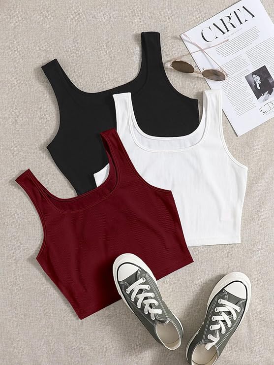 Image of Toochki Women's Knitted Sleeveless Solid Sqaure Neck Ribbed Tank & Crop Tops (Pack of 3)