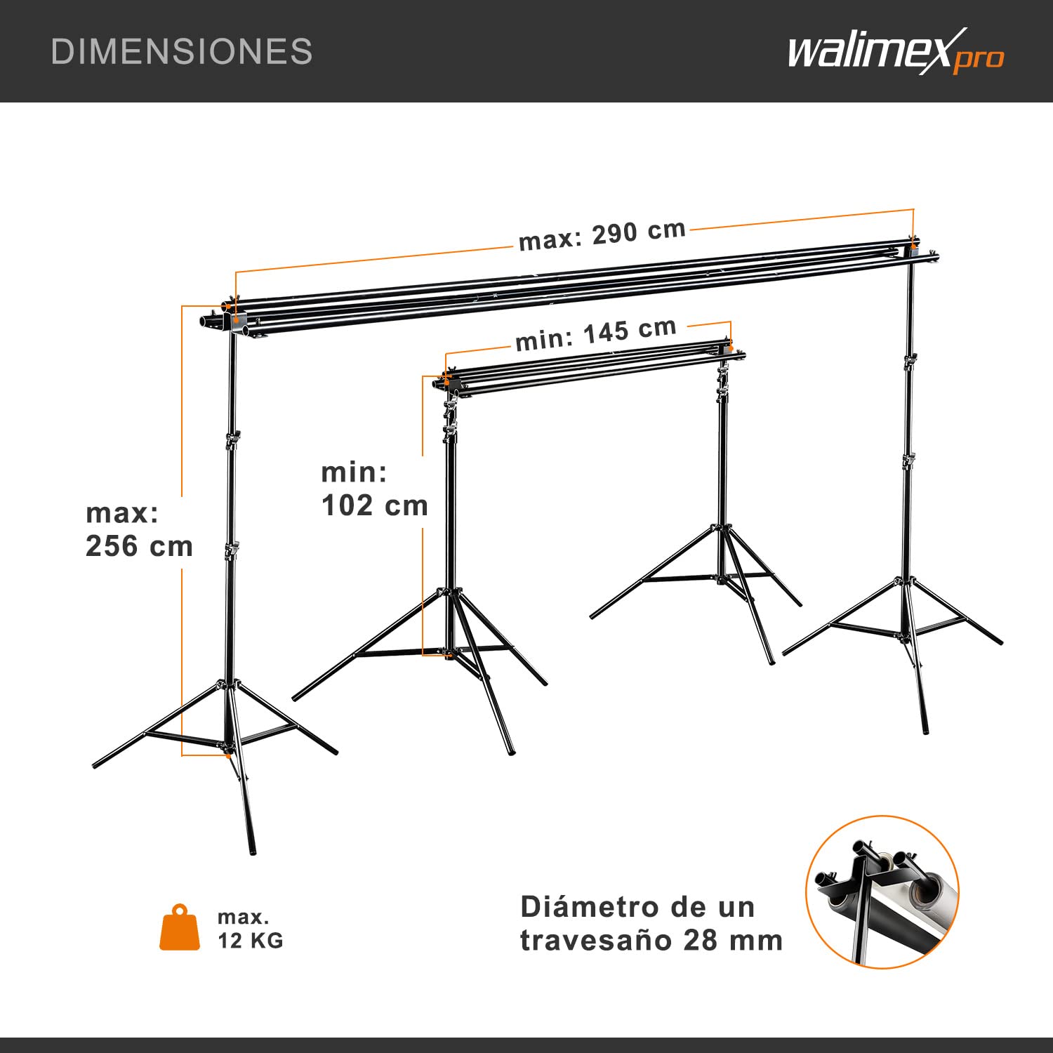 Walimex pro Sistema de fondo triple 145-290cm, para hasta 3 pantallas de papel y tela, sistema de fondo fotográfico estable para estudio y móvil, para fotografía, video y pantalla verde