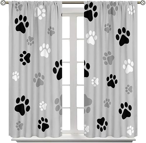Miniatura 18 de Cortinas opacas con estampado de patas de perro, estampado de patas de perro y huesos, tratamiento de ventana, cortinas con aislamiento térmico