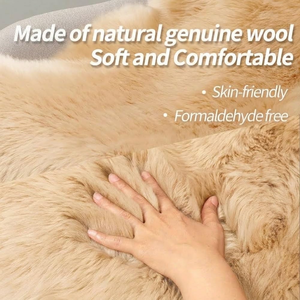 Premium Genuine Fur Sheepskin Rug Real Australia Sheepskin Natural Luxury Fluffy Lambskin Fur Area Rug Seat Covers for Kids Bedroom Sofa Chair Cover (Light Brown, Single Pelt/2ft x 3ft)