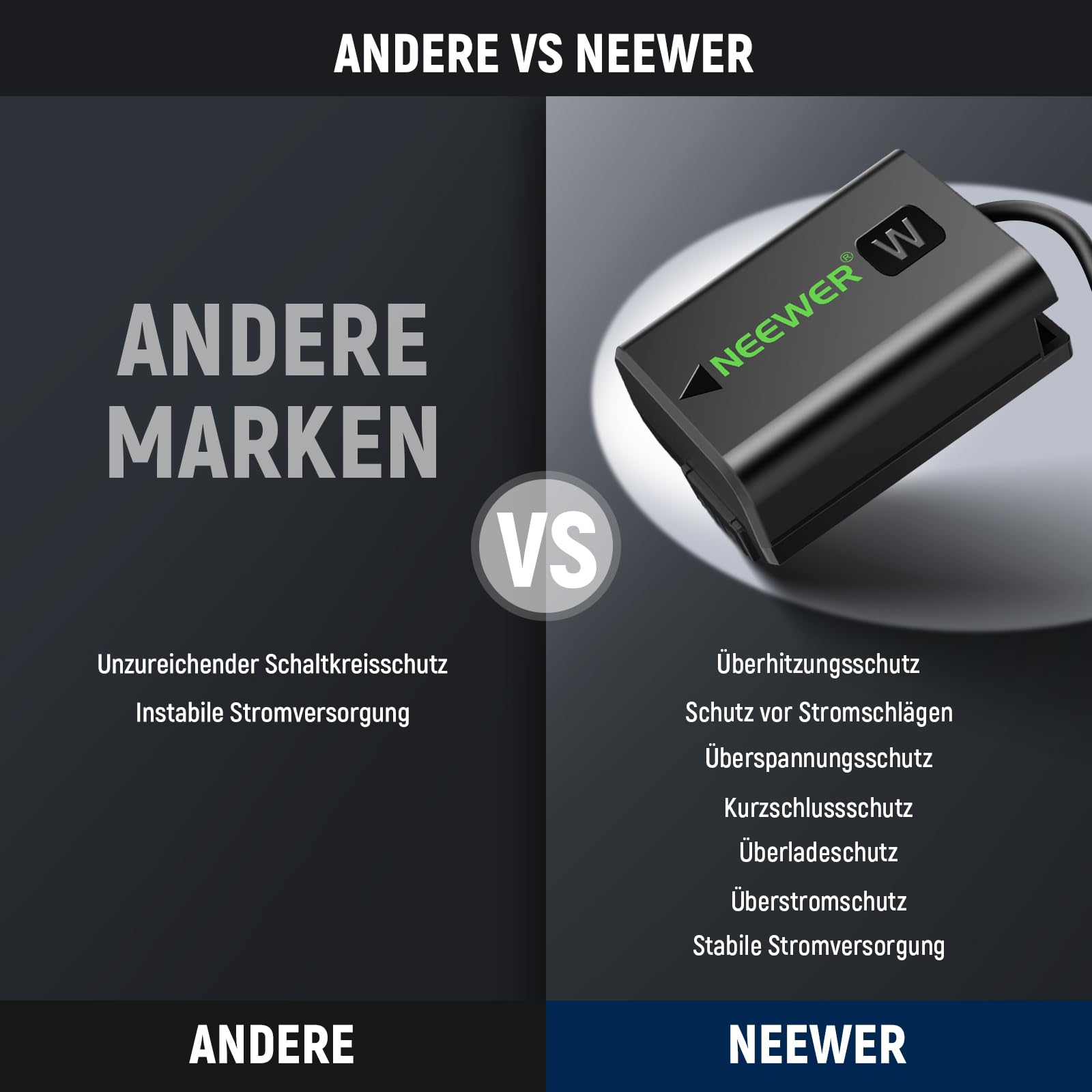 NEEWER D Tap to NP-FW50 - Fälschungsakku mit V-Kabel, stabile Dauerspannung für Sony ZV-E10 A3000 A5000 A5100 A6000 A6100 A6300 A6400 A6500 A7 II A7R II