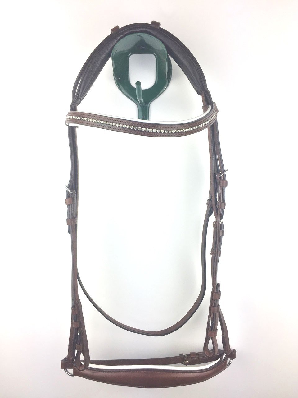 Brida con cabestro para caballos y cabeza acolchada anatómicamente marrón y plateada, hebillas VB de sangre caliente
