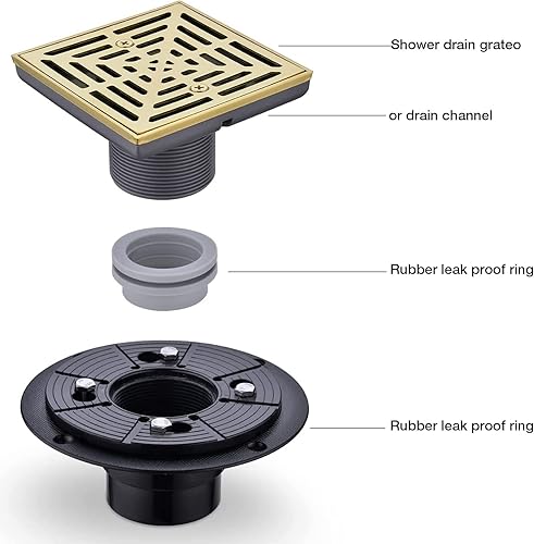 Miniatura 5 de RANDOM Drenaje de ducha de 4 pulgadas cuadrado dorado cepillado con brida de base de PVC ajustable, drenaje de piso de ducha de acero inoxidable