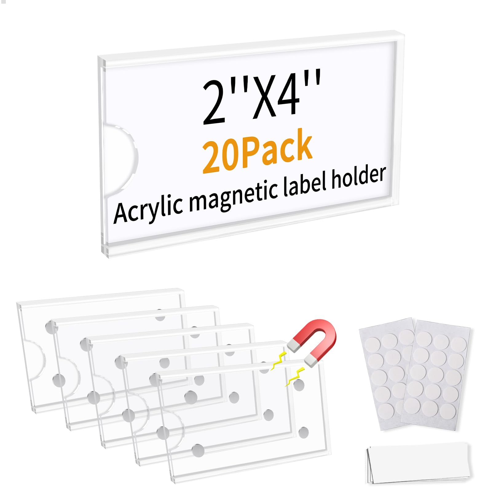 Acrylic Label Holder Magnetic 2x4 Inch 20 Pack with Self-Adhesive for Wood or Metal Shelf, for Warehouse Shelves Store Retail Price Cabinet Organization Label Tag Holder Clear