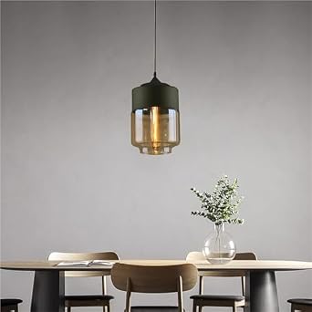 Mid Century Amber Glass Pendant Light Vintage Industrial Black Loft Dining Room Hanging Lamp Modern Nordic Minimalist Kitchen Island Chandelier for Bar Counter Living Room Dining Table