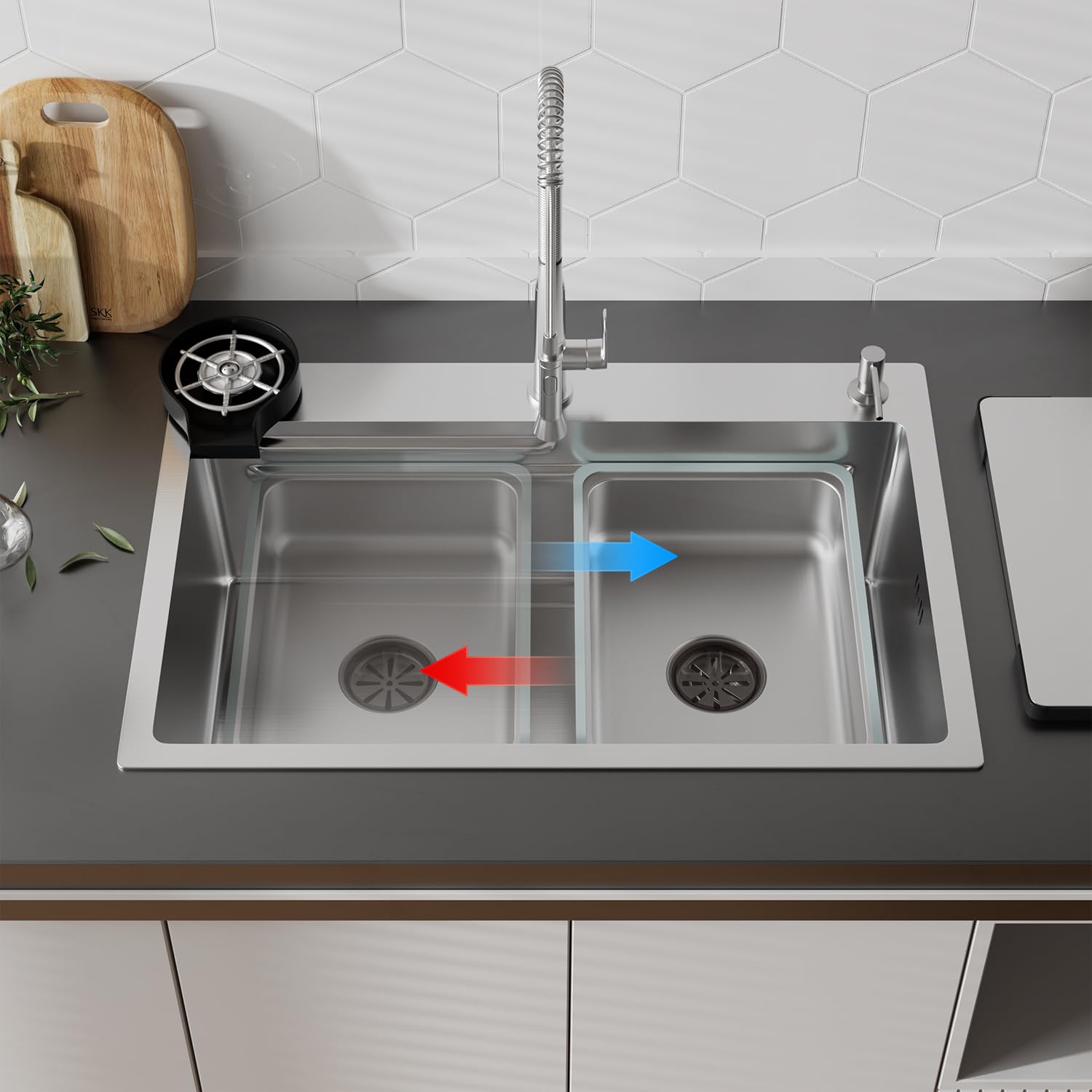 Fregadero Cocina 70 x 45 cm,STANEW Fregadero Acero Inoxidable, Fregadero de Repuesto y Tabla de Cortar y Lavadora de Copas de Alta Presión y Dispensador de Jabón
