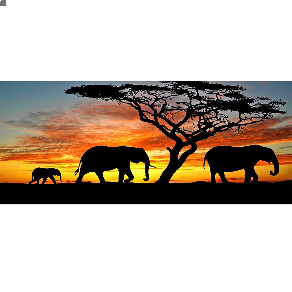 Pintura Diamante Paisajes 110x50 cm(interior 104x44cm) Kit Diamantes Paisaje Cuadro de Diamantes Elefante Pintura Diamante Puesta de Sol Punto Diamante Atardecer Punto de Cruz Elefante Hijo y Madre