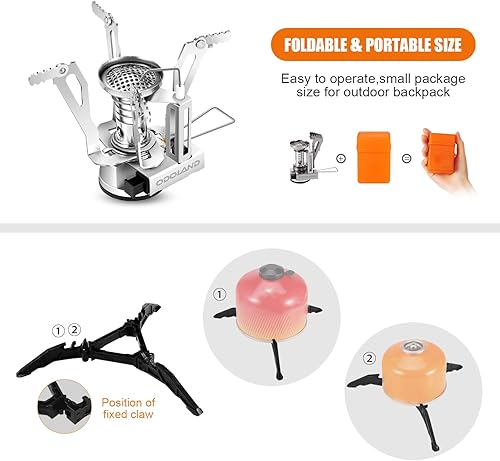 Miniatura 4 de Odoland Utensilios de cocina para camping con estufa, mosquetón, soporte para cartucho trípode y taza de acero inoxidable, soporte para tanque, kit