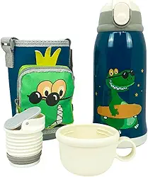 Garrafa Térmica Infantil Bebê Escola Parede Dupla Inox 550ML 2em1 +Suporte (VERDE)