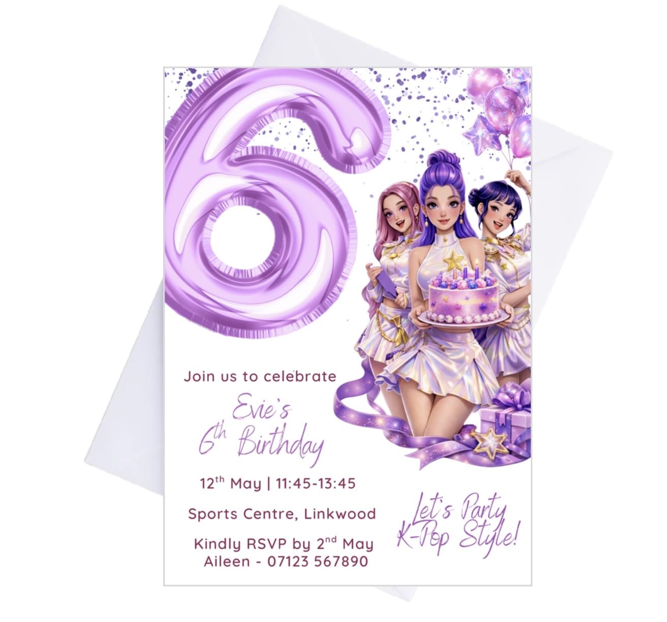 KPop Style Personalised Birthday Party Invitations - Any Age & Details - A5 or A6 Invitions - Optional Envelopes - Handmade Matte Cardstock - 2 Colours Purple/White (12, A6 Invites Only)