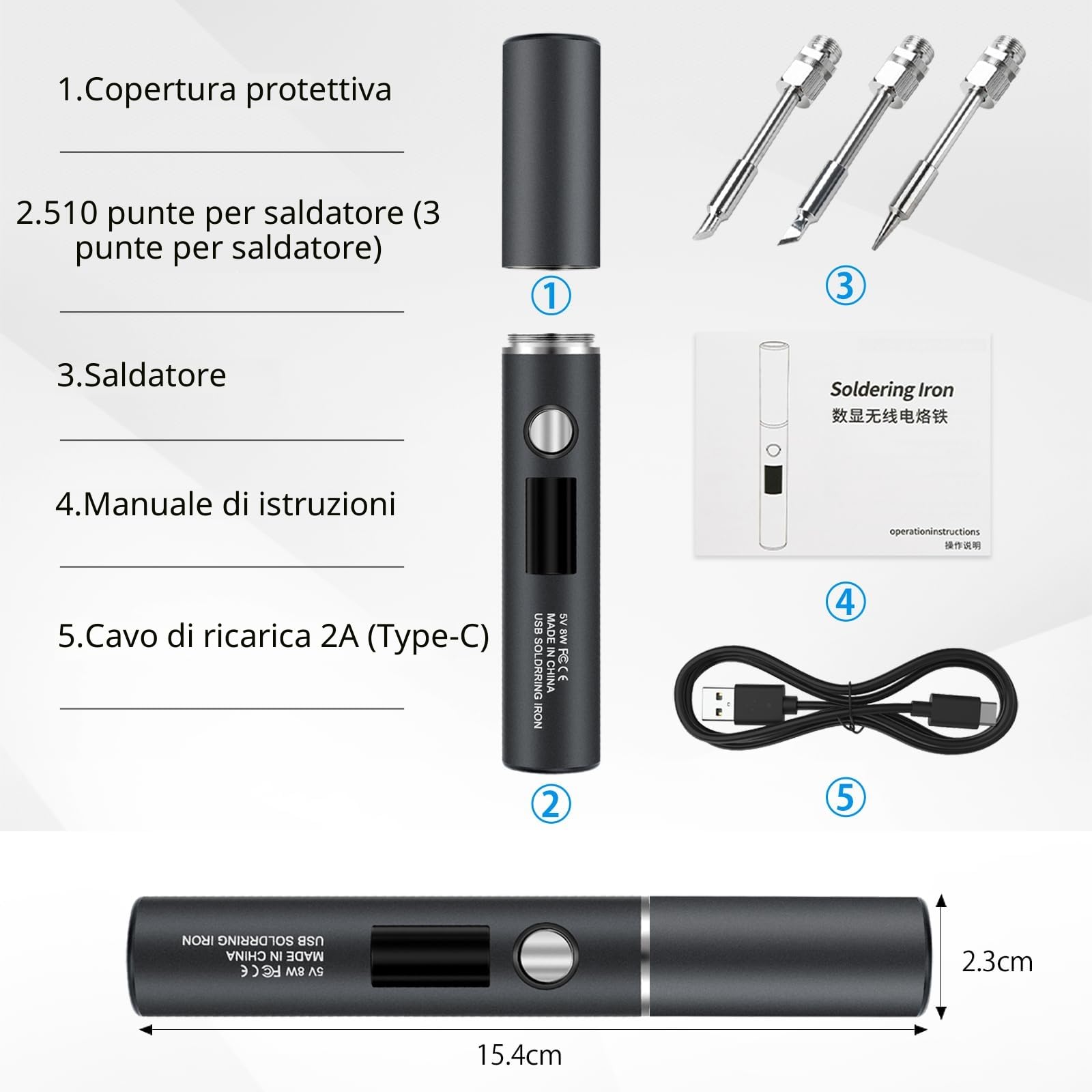 diymore Set saldatore a batteria, saldatore senza fili USB, temperatura regolabile in 5 modalità 260 ℃-420 ℃, 3 punte di saldatura, saldatore a batteria per riparazione di saldature