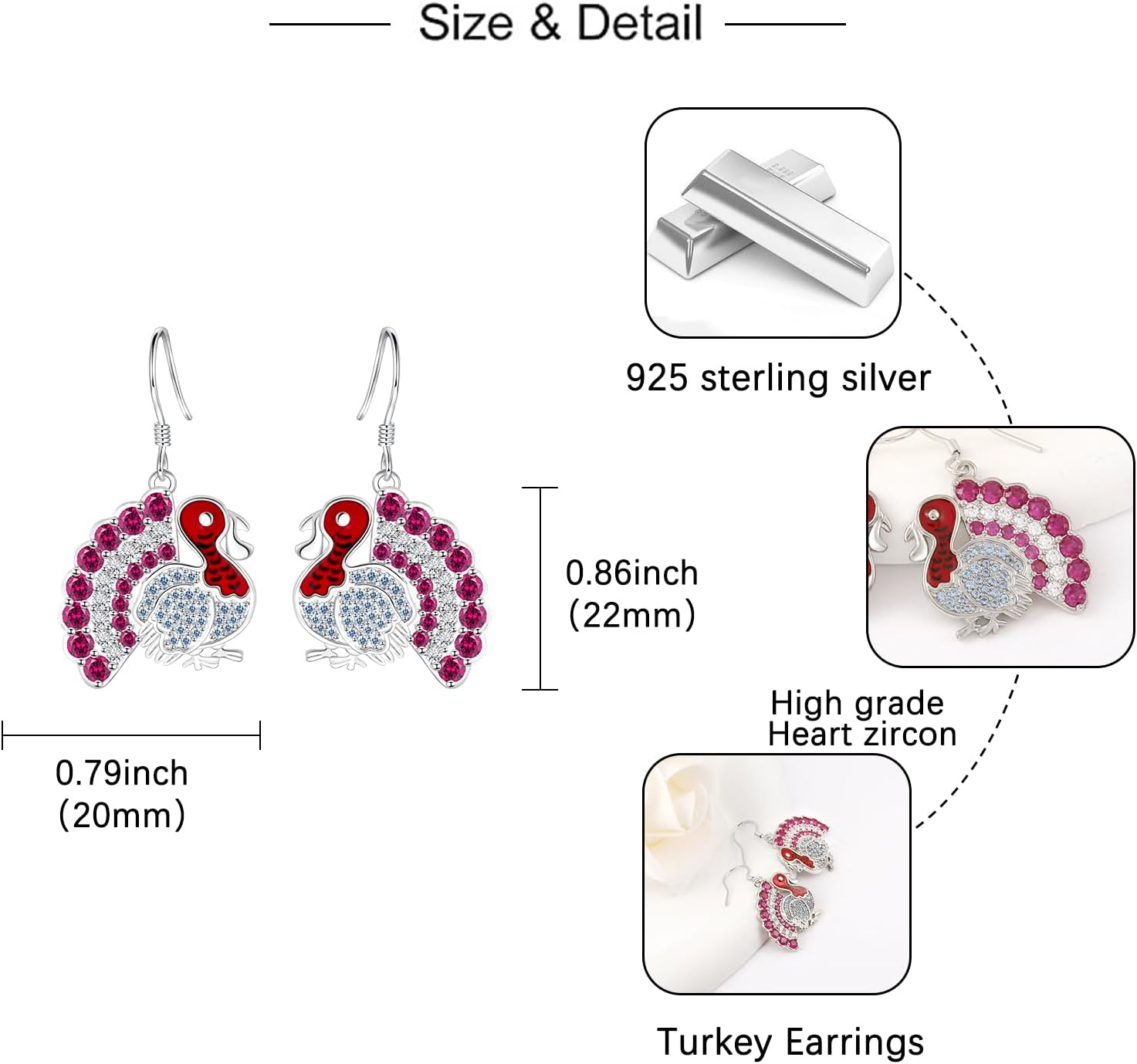 Thanksgiving Turkey Earrings for Women - Silver Hypoallergenic Cute Turkey Chicken Drop Dangle Earrings Jewelry Gift Hypoallergenic