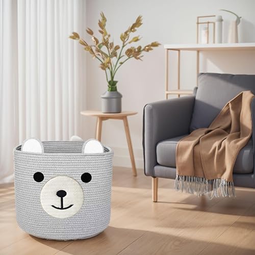Miniatura 6 de Cestas de lavandería Bear, cesta de almacenamiento con asas, cesta decorativa para sala de estar, cesta de almacenamiento tejida para juguetes, Gris