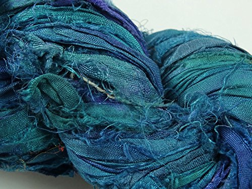 100G Recycled Sari Silk Ribbon Yarn, Jewelry Making Trim - Blue Mix #TOP4