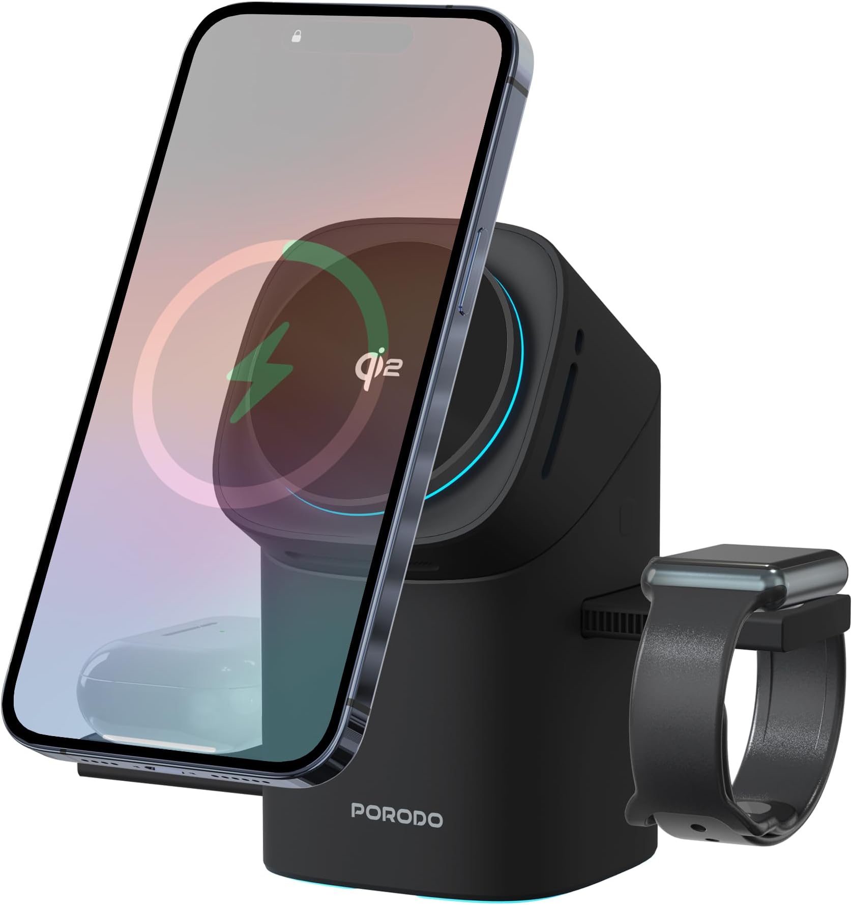 Porodo Qi2 Wireless Charger Station 15W, Compatible with MagSafe, Auto-Slide Modular Charging, Flexible Viewing Angle, for iPhone 17-12, AirPods, Apple Watch, Smart Watch