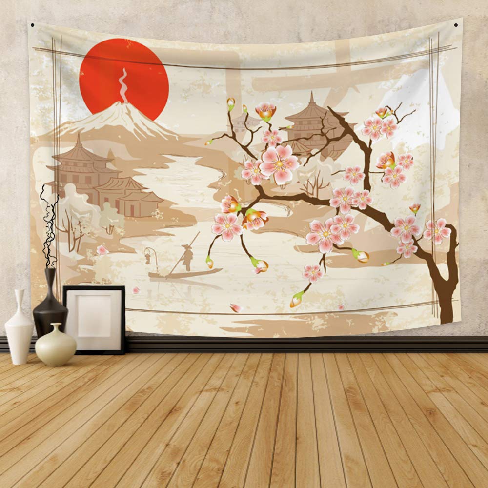 Amazon.co.jp: Qinunipoto タペストリー 和風 桜の花 城 日の丸 富士山