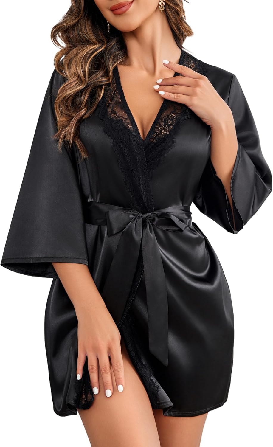 Women's Satin Lace Trim Robe, 3/4 Sleeve Kimono, Short Length with Belt, Emerald Green
