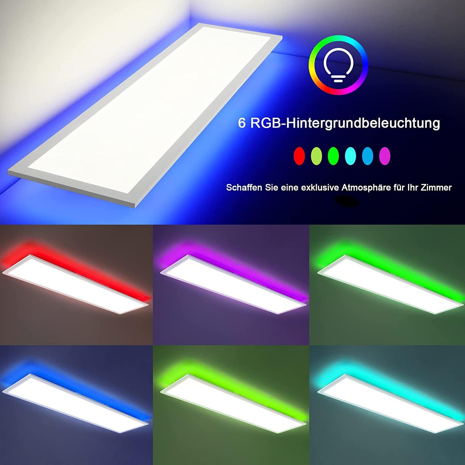 Panel LED 120 x 30cm Regulable,LED Lámpara de Techo 40W 4400LM con control remoto e RGB Retroiluminación 3000K-6500K Plafon LED Techo Rectangular para Salón,Taller,Cocina,Oficina,Balcón